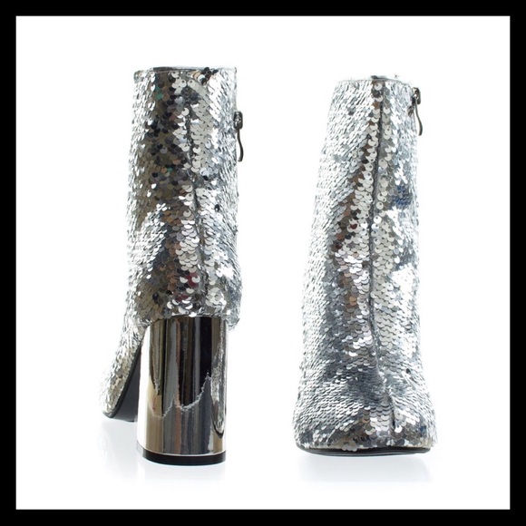 Silver Sequins Mirror Chunky Heel Booties!. - Picture 2 of 7